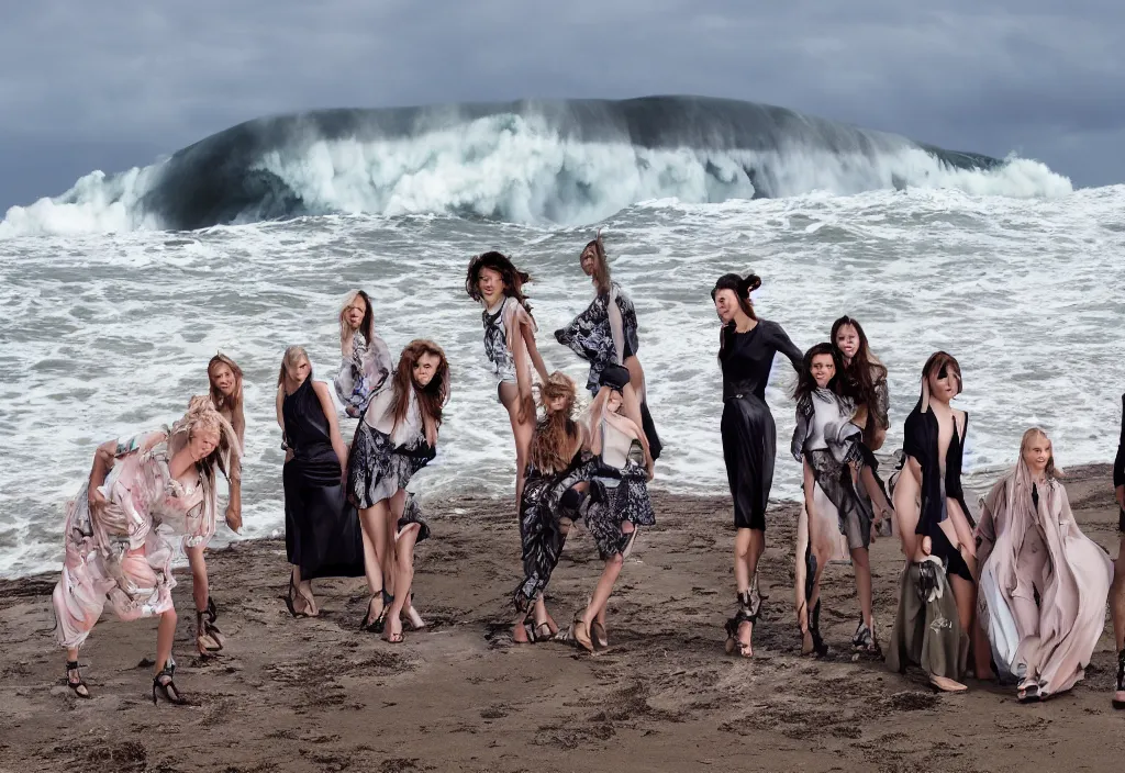 Prompt: fashion editorial in front of giant tsunami waves, on the beach.