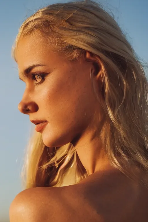 Prompt: photograph of a vintage photo of an olive skinned blonde female model in her twenties, pinned up hair, wearing a designer top, looking content, focused on her neck, photo realistic, extreme detail skin, natural beauty, no filter, slr, golden hour, 4 k, high definition, selfie