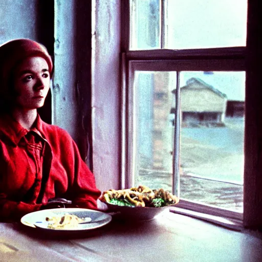 Image similar to 4 k remaster extremely detailed cinematic movie still from soviet movie a soviet woman sitting at a table next to the window with food, dark warm light, a character portrait by margarita terekhova, movie stalker solaris film still by andrei tarkovsky, 8 k, close - up bokeh, gelios lens, color, noir