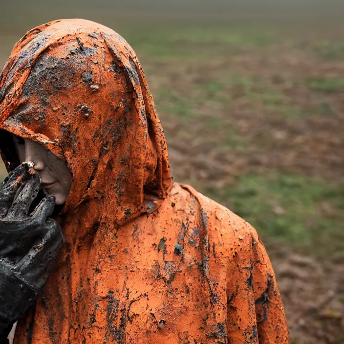 Image similar to a closeup portrait of a woman wearing a hood made of muddy rusty vinyl and plastic, picking oranges from a tree in an orchard, foggy, moody, photograph, by vincent desiderio, canon eos c 3 0 0, ƒ 1. 8, 3 5 mm, 8 k, medium - format print