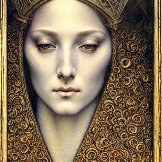 Image similar to detailed realistic beautiful young medieval queen face portrait by jean delville, gustave dore and marco mazzoni, art nouveau, symbolist, visionary, gothic, pre - raphaelite. horizontal symmetry