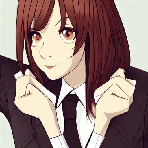 Prompt: woman in business suit, brown neat hair, animesque, pixiv, fanbox, trending on artstation, portrait, modern, sleek, highly detailed, formal, serious, determined, competent, colorized, smooth, charming, pretty, safe for work, law office