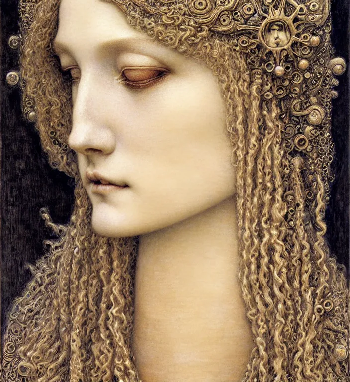 Image similar to detailed realistic beautiful young medieval queen face portrait by jean delville, gustave dore and marco mazzoni, art nouveau, symbolist, visionary, gothic, pre - raphaelite. horizontal symmetry