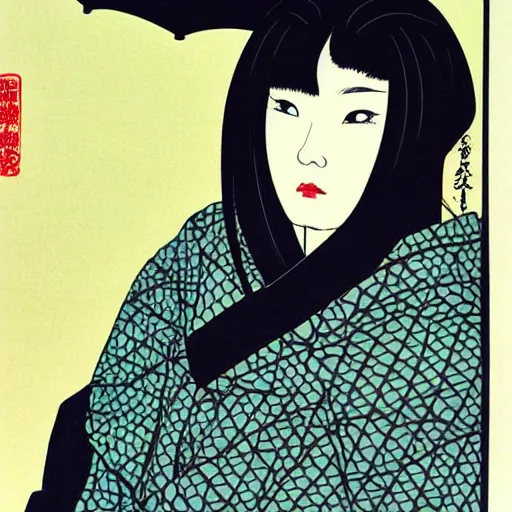 Image similar to Portrait of a beautiful Japanese woman by Toshio Saeki, high detailed