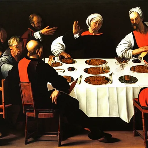 Image similar to painting of Leaders of the world having supper together, style of Caravaggio