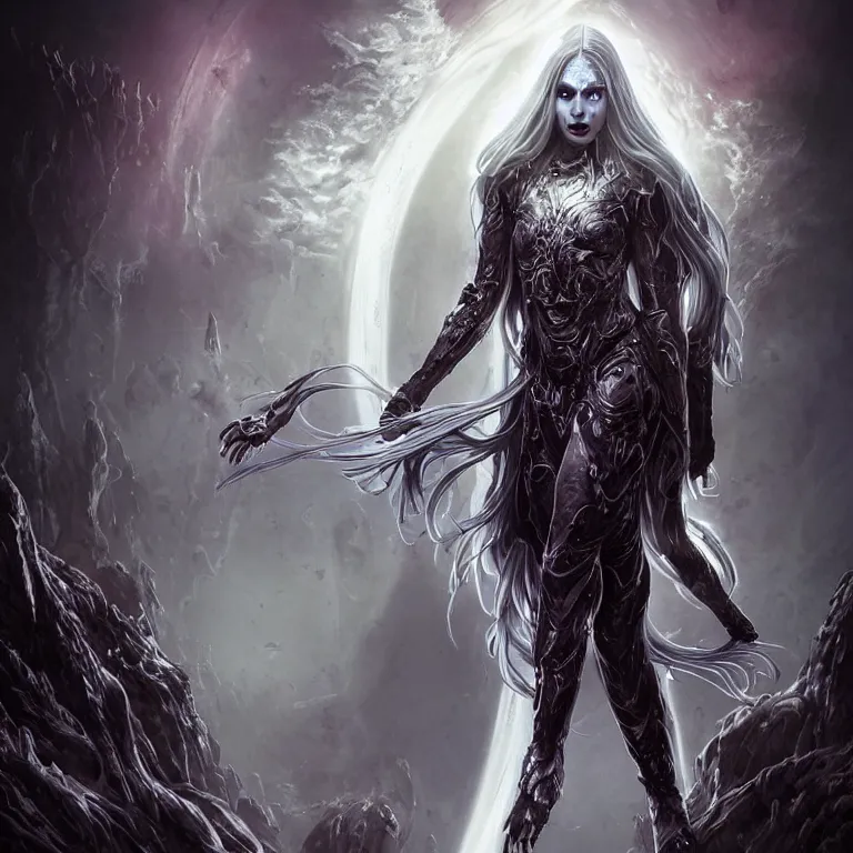 Image similar to beautiful cinematic fantasy poster, sci-fi, semi-transparent, beautiful female zombie with brilliant silver flowing hair and a brilliant jeweled silver helm, beautiful white glowing eyes, wideshot ultrawide angle epic scale, hybrid from The Elden Ring and art direction by Darius Zawadzki ;by artgerm; wayne reynolds art station; cinematic quality character render; low angle; ultra high quality model; production quality cinema model;