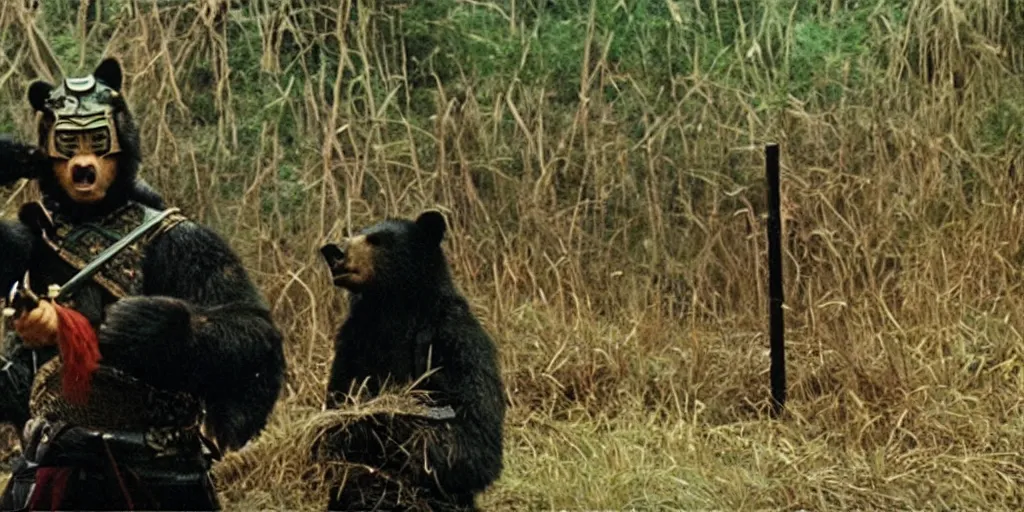 Image similar to scene from Kagemusha, 1980, movie still, cinematic, anthropomorphic, half man half asian black bear, black bear samurai, Moon Bear Samurai, epic, samurai