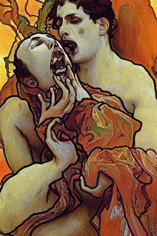 Prompt: saturn devouring his son painting by alfons mucha