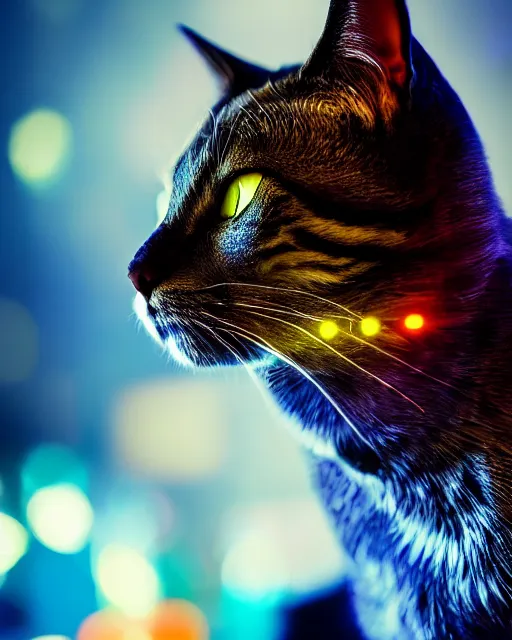 Prompt: dramatic cyberpunk portrait of a cat in a suit, crystalline, multicolor glow, atmospheric haze, intense shading, optic ripple, backlit, bokeh, centered