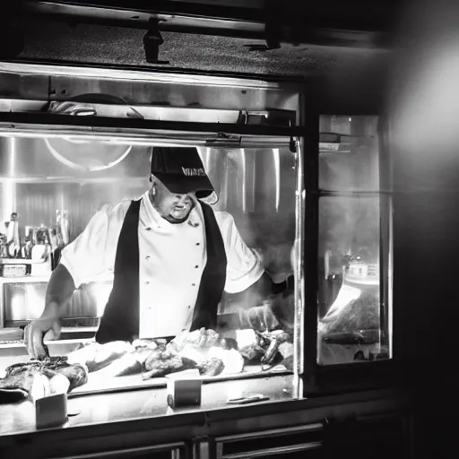 Prompt: a black and white photograph in silhouette of a chef in a small smokey bar in san francisco grilling burgers taken through the window