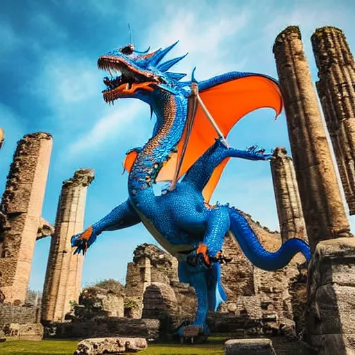 Image similar to professional photo of a blue dragon with a white belly and orange eyes flying over some ancient ruins