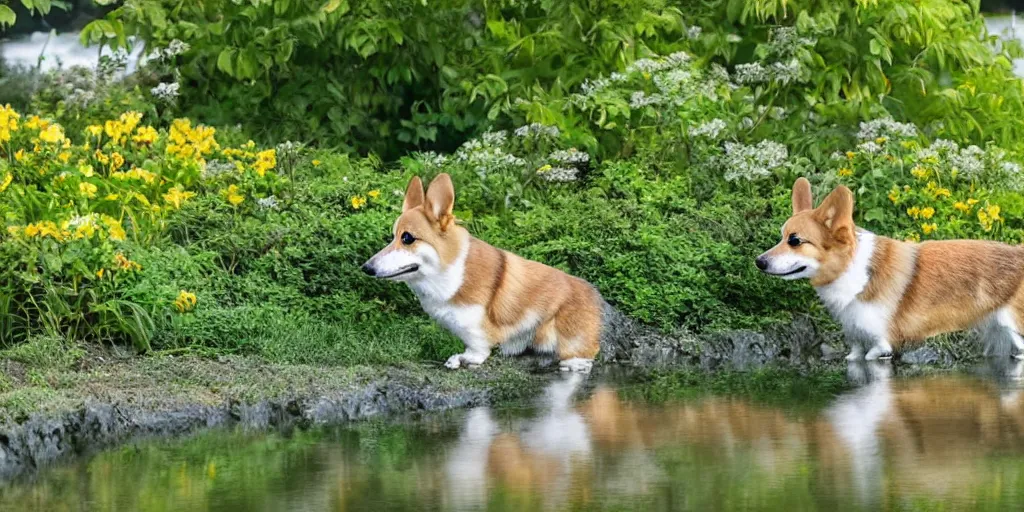 Image similar to A singular corgi by the pond, there is blue sky, there is water splash, the atmosphere is cheerful, the colors are bright, high picture quality, by Makoto Shinkai