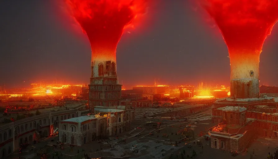 Image similar to a big nuclear explosion with realistic nuclear mushroom in Red Square Kremlin, cinematic, extremely high detail, photo realistic, cinematic lighting, post processed, concept art, artstation, matte painting, unreal engine 8k