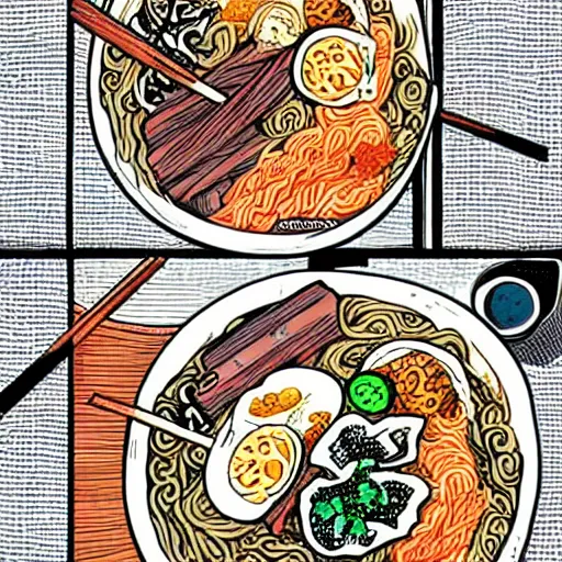 Prompt: Bowl of ramen in the style of a comic book