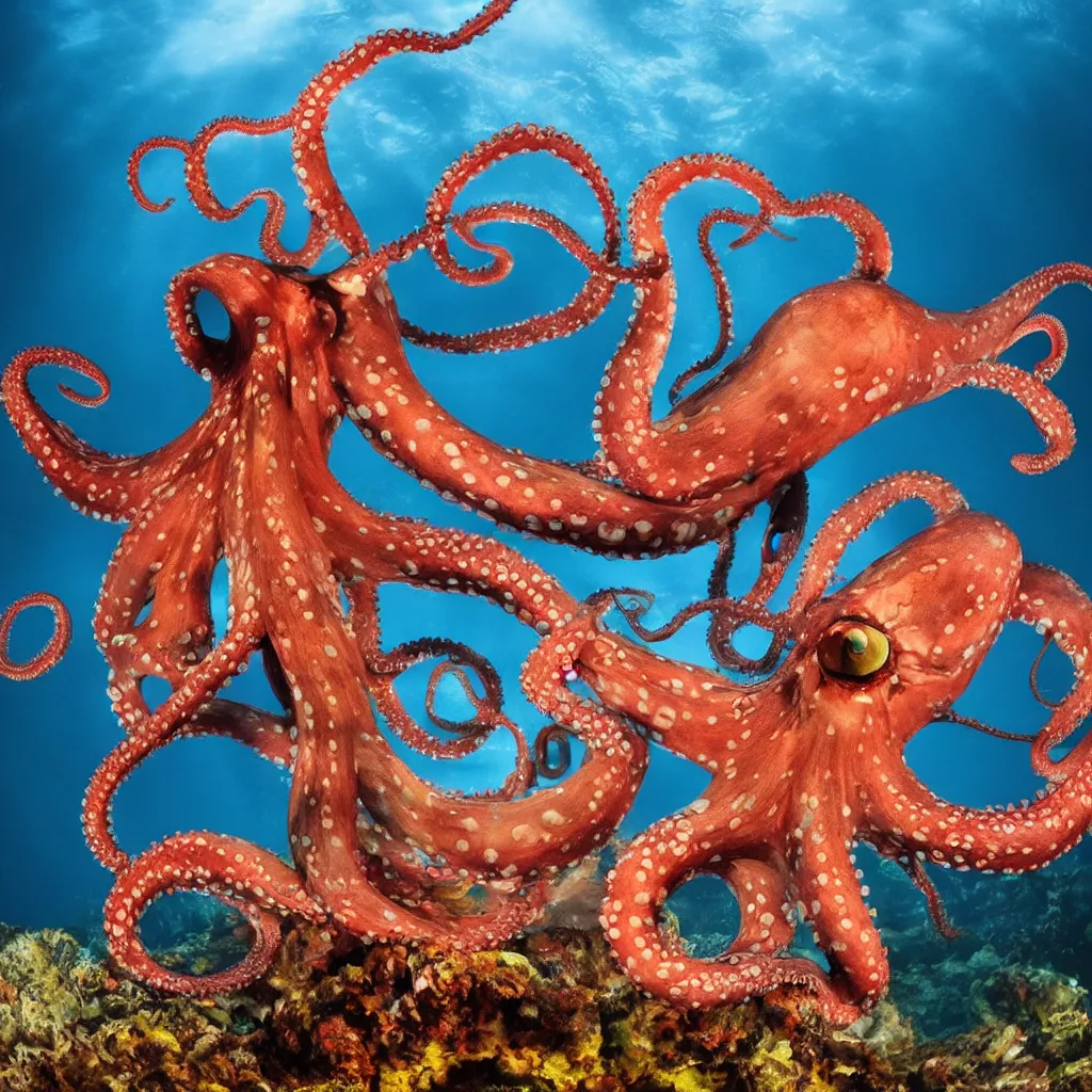 Prompt: an octopus transcending itself, dramatic lighting, underwater