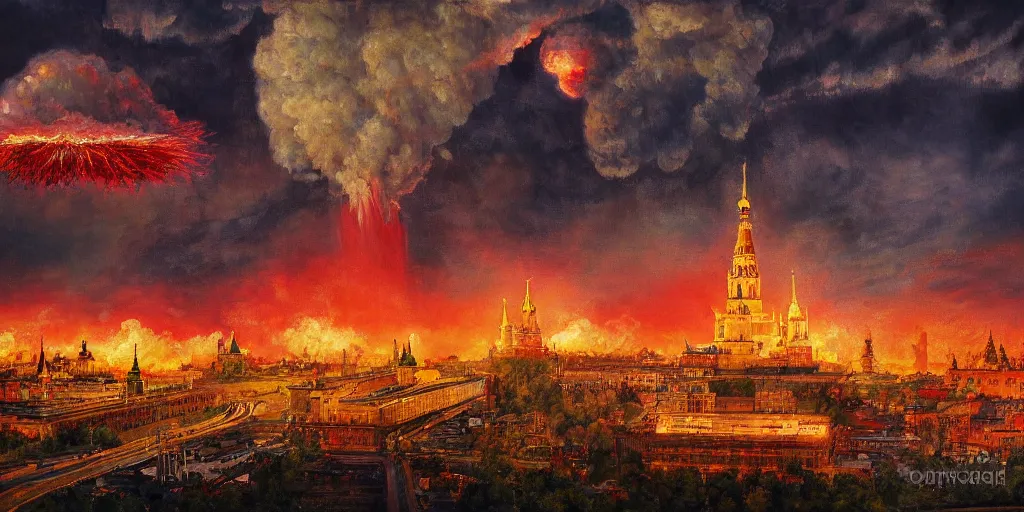 Prompt: a beautiful painting of massive nuclear strike on Moscow Kremlin by Andreas Marschall, nuclear mushroom, fire, panic, dark, clouds, 8k, high detail, advanced rendering whimsically designed art, 4k post-processing highly detailed, Soft illumination
