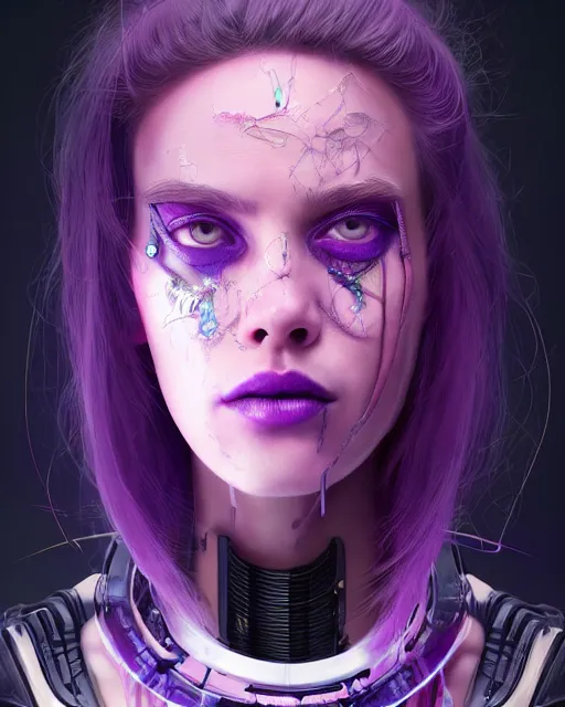 Prompt: portrait of a aesthetic beatiful woman with violet hair as a cyberpunk cyborg with tear drop on face, sci - fi, missing panels, intricate abstract upper body intricate artwork, by tooth wu, wlop, beeple, dan mumford. concept art, octane render, deviantart, greg rutkowski, cinematic, key art, hyperrealism, iridescent accents