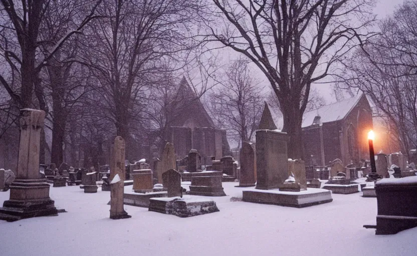 Prompt: inside a snowy graveyard with 18th century gothic church in the background with candles cold and sad in the shining by stanley kubrick, shot by 35mm film color photography