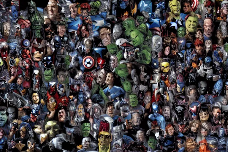 Prompt: VFX movie portrait closeup DC vs. Marvel horde by Emmanuel Lubezki
