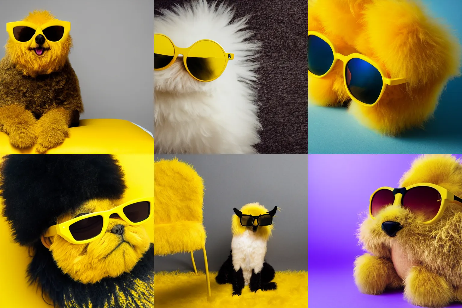 Prompt: Yellow sunglasses with yellow glass on a big yellow fluffy monster, sitting on a yellow chair. Yellow background.