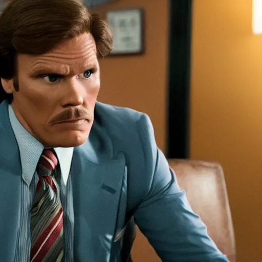 Image similar to Live Action Still of Jerma985 in Anchorman: The Legend of Ron Burgundy, real life, hyperrealistic, ultra realistic, realistic, highly detailed, epic, HD quality, 8k resolution, body and headshot, film still