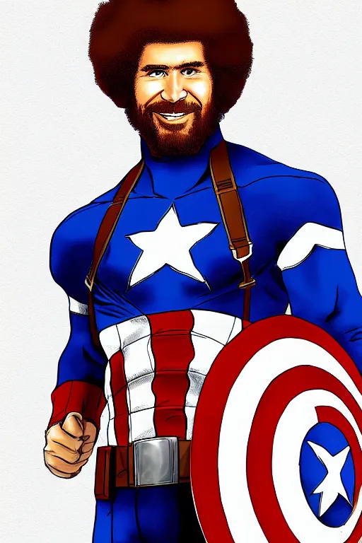 Image similar to Bob Ross as Captain America, digital painting