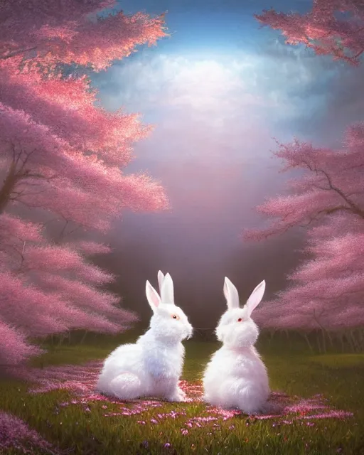 Image similar to ink on paper portrait of two white bunnies, super realistic, highly detailed, rule of thirds, in colorfull kimonos in the foreground of a surreal environment with cherry blossoms, volumetric light, dof, by greg rutkowski and michael whelan