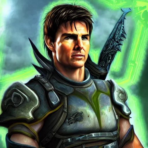 Image similar to Tom Cruise in the style of the game World of Warcraft, with a background based on the game World of Warcraft, detailed face, old 3d graphics