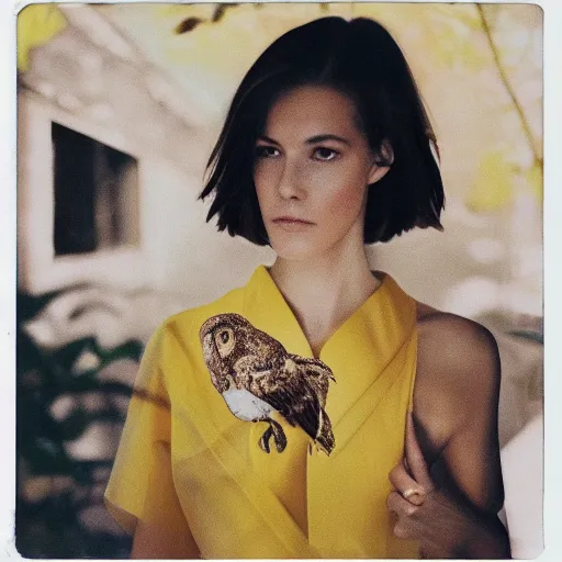 Image similar to head to shoulder portrait Polaroid film photograph of an elegant top model wearing a yellow kimono with a very detailed barn owl on her shoulder!!! in a tropical greenhouse. looking at the camera!!. super resolution. Polaroid 600 film. art by Alessio albi and john william waterhouse .