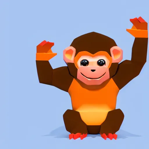 Image similar to A brightly coloured, cute isometric low polygon 3d render of a [monkeys hiding his eyes with his hands 🙈], white background, ambient occlusion, chibi, angular