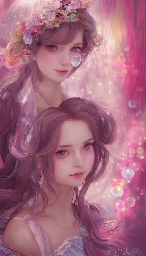 Image similar to portrait of magical lolita girl, dreamy and ethereal, expressive pose, big pink eyes, exciting expression, fantasy, intricate, elegant, many rainbow bubbles, rose tones, highly detailed, digital painting, artstation, concept art, cyberpunk wearing, smooth, sharp focus, illustration, art by artgerm and greg rutkowskiand alphonse mucha