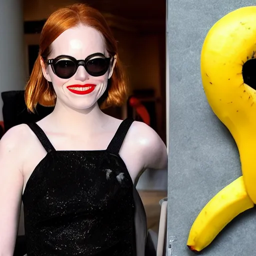 Image similar to a full body banana with legs and arms wearing an emma stone mask