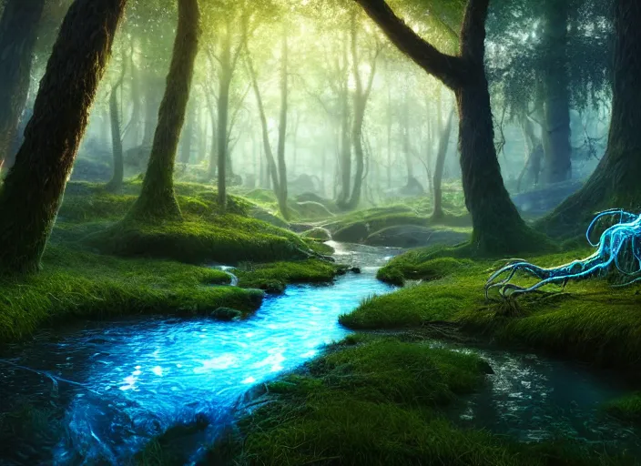 Image similar to hyperrealism, detailed textures, photorealistic, 3 d render, a surreal mystical forest with a bright blue winding creek, a wooly mammoth grazing, ultra realistic cinematic, intricate, cinematic light, concept art, illustration, art station, unreal engine