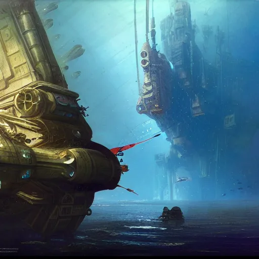 Image similar to a dieselpunk spaceship lies at the bottom of the sea in a coral reef, underwater, matte painting, submecanophobia, fantasy, intricate, elegant, digital painting, trending on artstation, concept art, sharp focus, illustration by greg rutkowski, darek zabrocki and john berkey, 4 k.