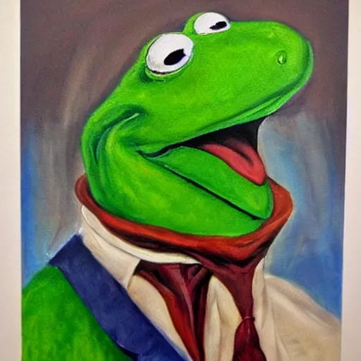 Prompt: portrait of kermit the frog with salvadore dali mustache, expressive oil painting