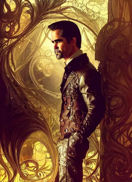 Prompt: colin farrell as a 2 1 st century aristocrat wearing boots, detailed face, d & d, wet, shiny, fantasy, intricate, elegant, hyper detailed, ultra definition, photoreal, artstation, unreal engine rendered, concept art, smooth, sharp focus, illustration, art by artgerm and greg rutkowski and alphonse mucha and garis edelweiss