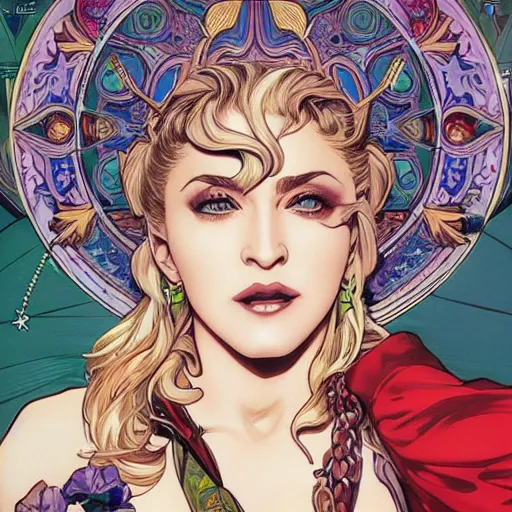 Prompt: madonna perfect coloring, low saturation, epic composition, masterpiece, bold complimentary colors. stunning masterfully illustrated by artgerm, range murata, alphonse mucha, katsuhiro otomo