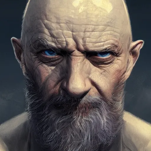 Image similar to angry bald old man portrait, beautiful face, highly detailed face, close-up, fantasy art, male art, in the style of greg rutkowski, illustration, epic, fantasy, intricate, hyper detailed, artstation, concept art, smooth, sharp focus, ray tracing