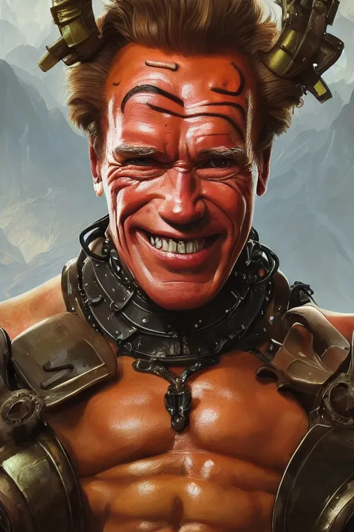 Image similar to portrait of arnold schwarzenegger as junkrat from overwatch, full body, fantasy, intricate, elegant, highly detailed, digital painting, artstation, concept art, sharp focus, illustration, art by artgerm and greg rutkowski and alphonse mucha