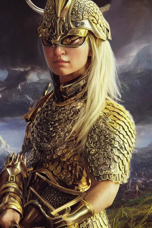 Image similar to a beautiful valkyrie , half body portrait, blond hair, gold chainmail armour, realistic oil painting by Thomas Cole and Wayne Barlowe and Boris Valejo