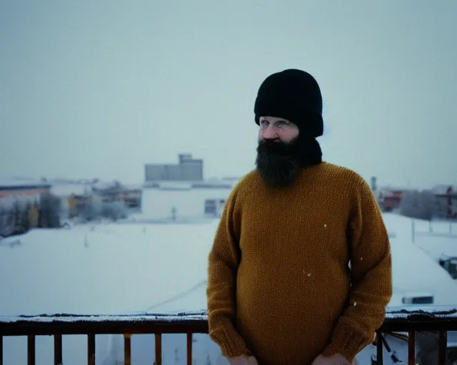 Image similar to lomographic film still photo of 4 0 years russian man with beard and sweater standing on small hrushevka 9 th floor balcony full with cigarette smoke in winter taiga looking at sunset, cinestill, bokeh