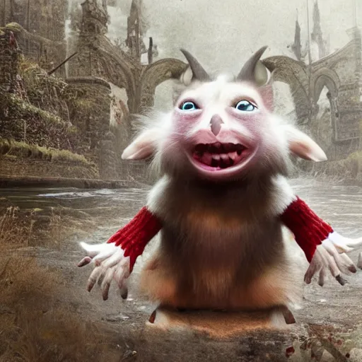 Prompt: stuart little as a monstrous dark souls boss, wearing a red sweater and his fur is white, visually grotesque, unreal engine 2, style of asylum demon, forked tongue