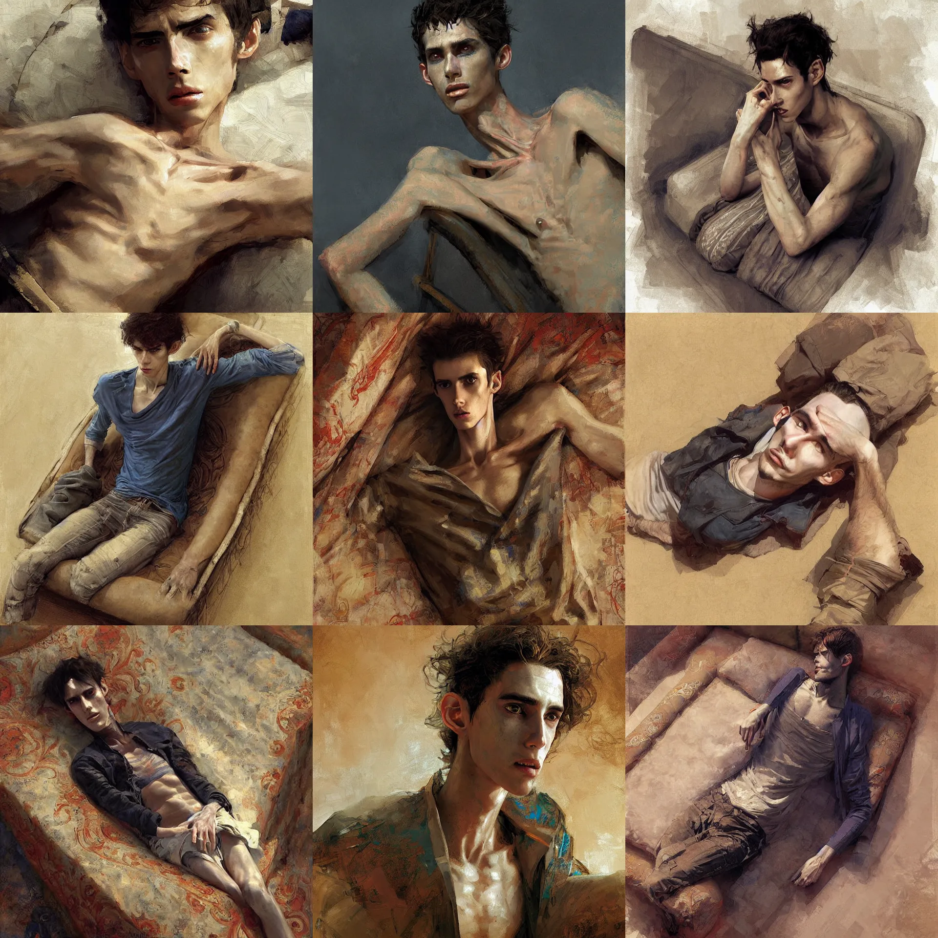Prompt: overhead view digital art painting portrait of a young skinny gaunt man resting on a divan, wearing clothes painted by craig mullins and gaston bussiere and greg rutkowski, symmetrical face, defined facial features, symmetrical facial features, dramatic lighting, close up