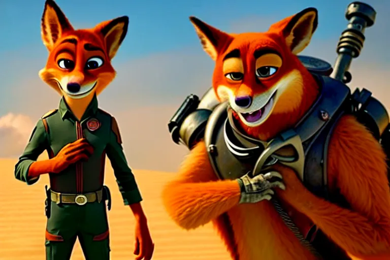 Image similar to nick wilde ( from zootopia ), heavily armed and armored facing down armageddon in a dark and gritty reboot from the makers of mad max : fury road