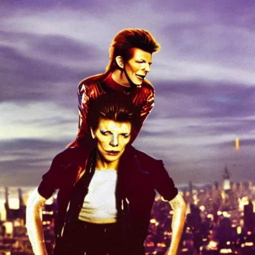 Prompt: david bowie from changes giving a piggy back ride to ziggy stardust. as a photograph with new york in the background