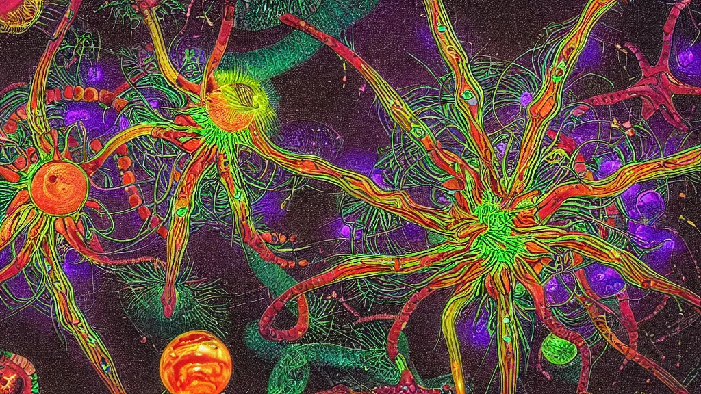 Image similar to quantum connections represented as symbiotic organisms like cells playing around with colorful lights by ernst haeckel, solid