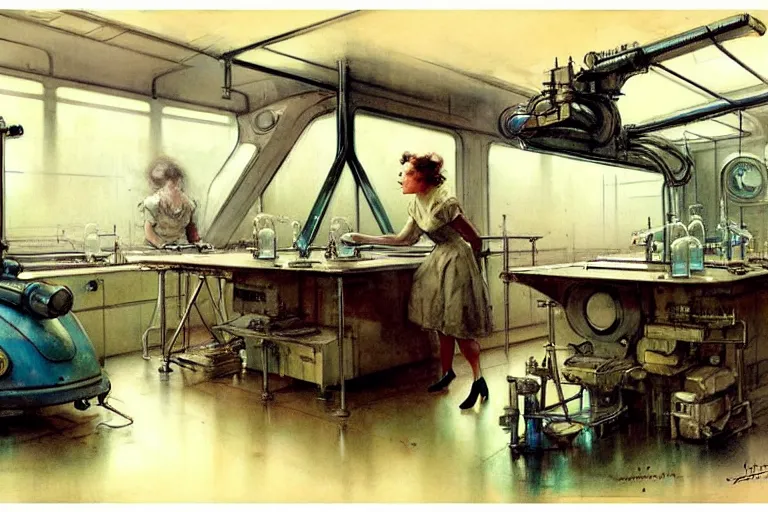 Image similar to ( ( ( ( ( 1 9 5 0 s retro science fiction laboratory interior scene. muted colors. ) ) ) ) ) by jean - baptiste monge!!!!!!!!!!!!!!!!!!!!!!!!!!!!!!