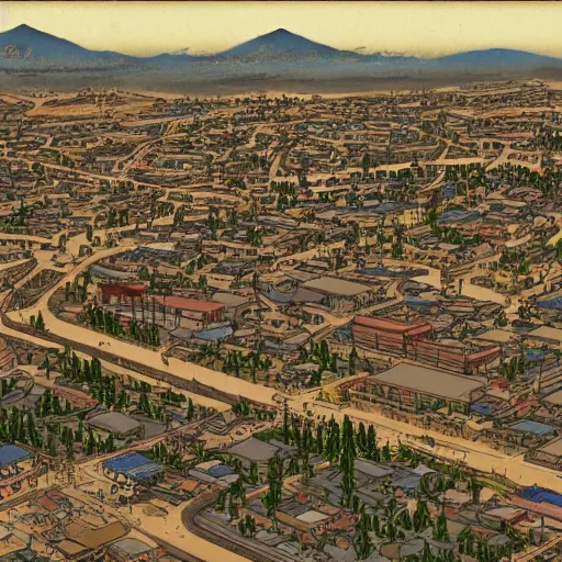 Prompt: Sprawling view of american Western Town with Edo Period Japan design; trending on Artstation