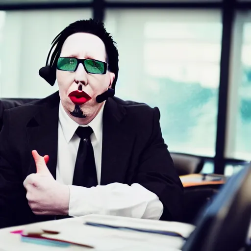 Prompt: Marilyn Manson, wearing office attire, working in a call center, portrait photography, bokeh, depth of field, 4k