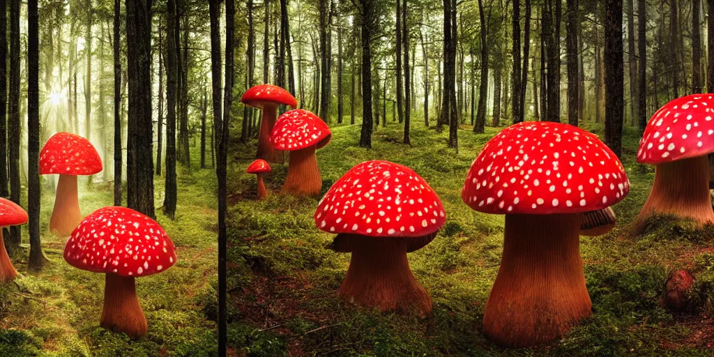 Image similar to Photo by Filip Hodas of the cinematic view of the Forest of the Giants, various giant mushrooms, some little mushrooms on the floor, only 3 very big red mushroom with white spots in second photo plan, photorealism, a few sun ray of lights falling with dust, def of field, photo taken with canon 5D